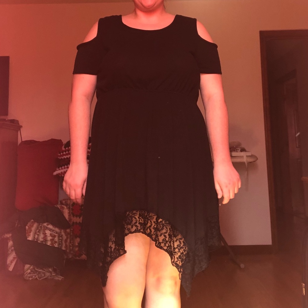 Black handkerchief style dress.